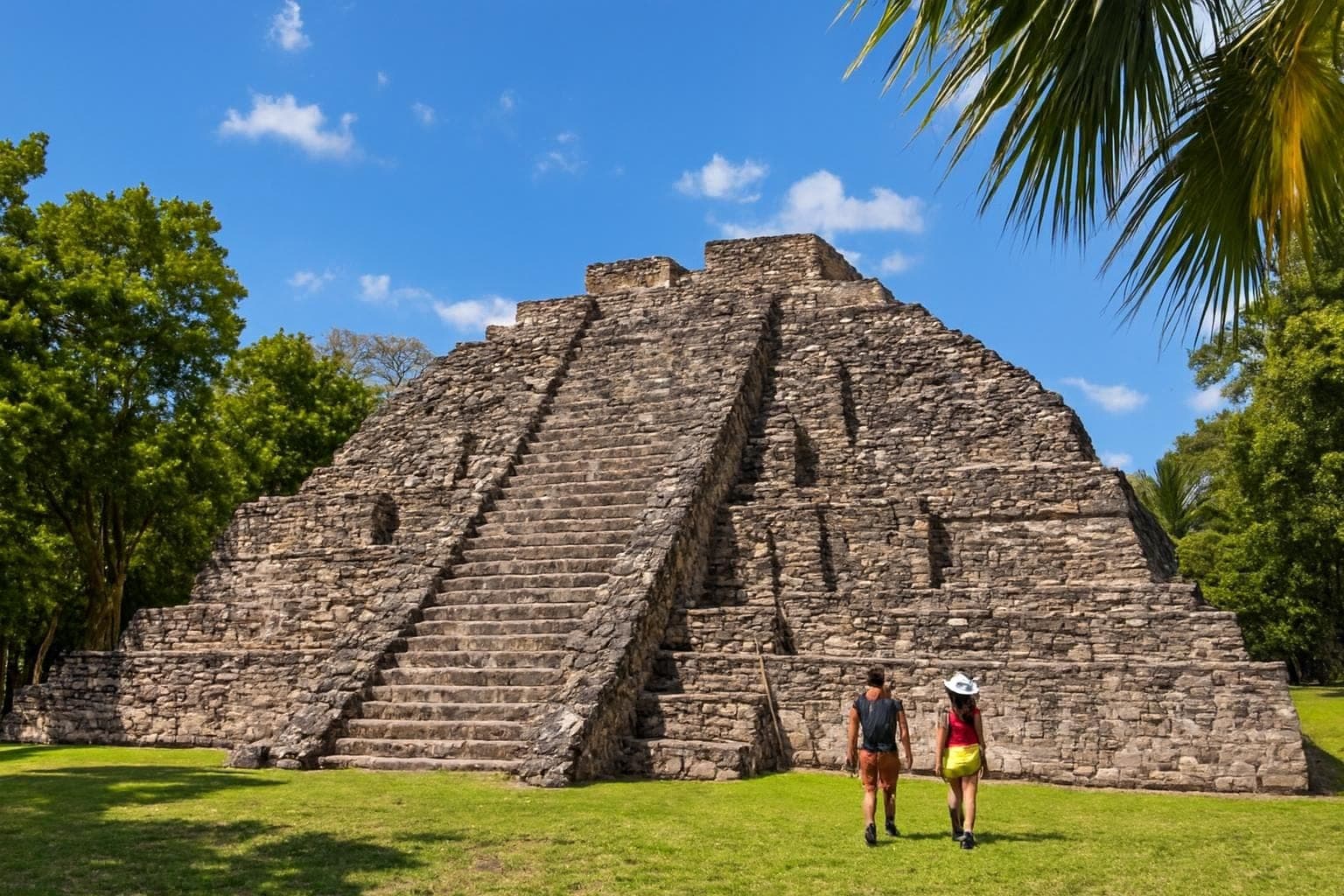Ancient pyramids and jungle surroundings at Chacchoben Mayan Ruins
